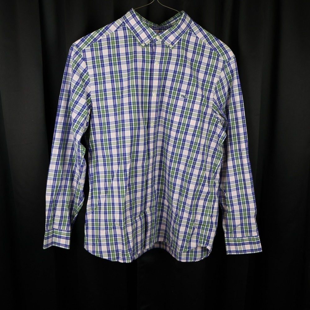 Vineyard Vines Boys Large Blue Green Pink Plaid Long Sleeve Button Down Shirt